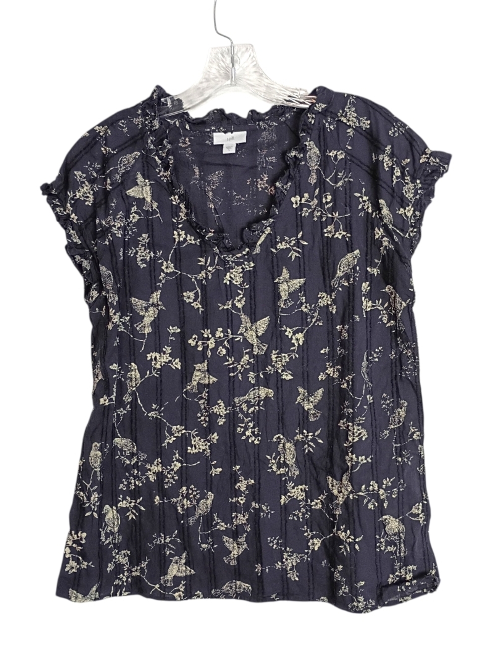 J Jill - Women’s Cotton Navy Floral Ruffle Neck Top - Size